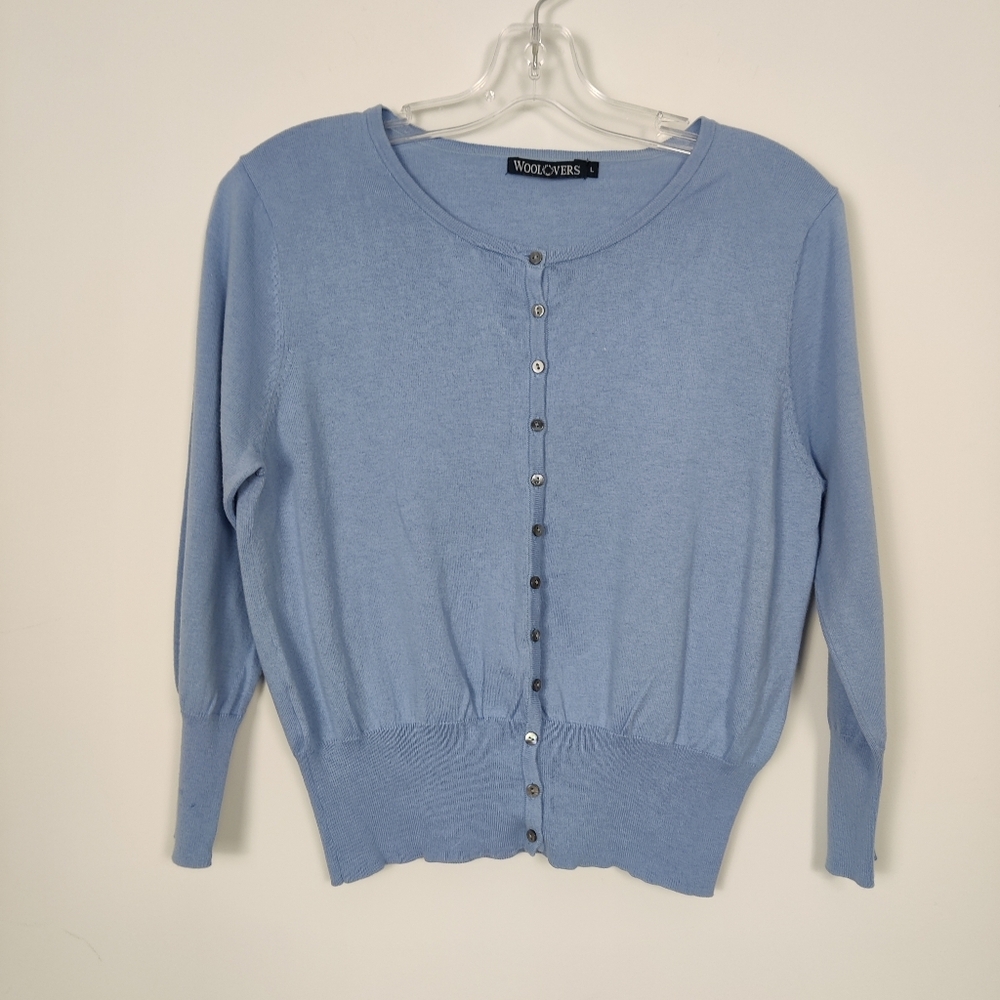 Woolovers Women's Button Down Cardigan Sweater in Blue Size Large Cotton Silk